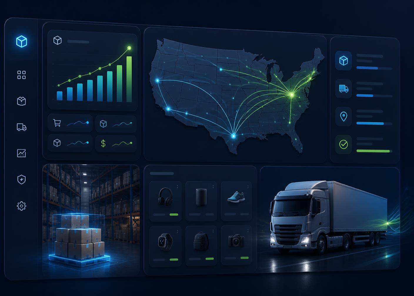 Ghorer Hasi BD warehouse dashboard showing US shipping routes, live order analytics, and same-day fulfillment